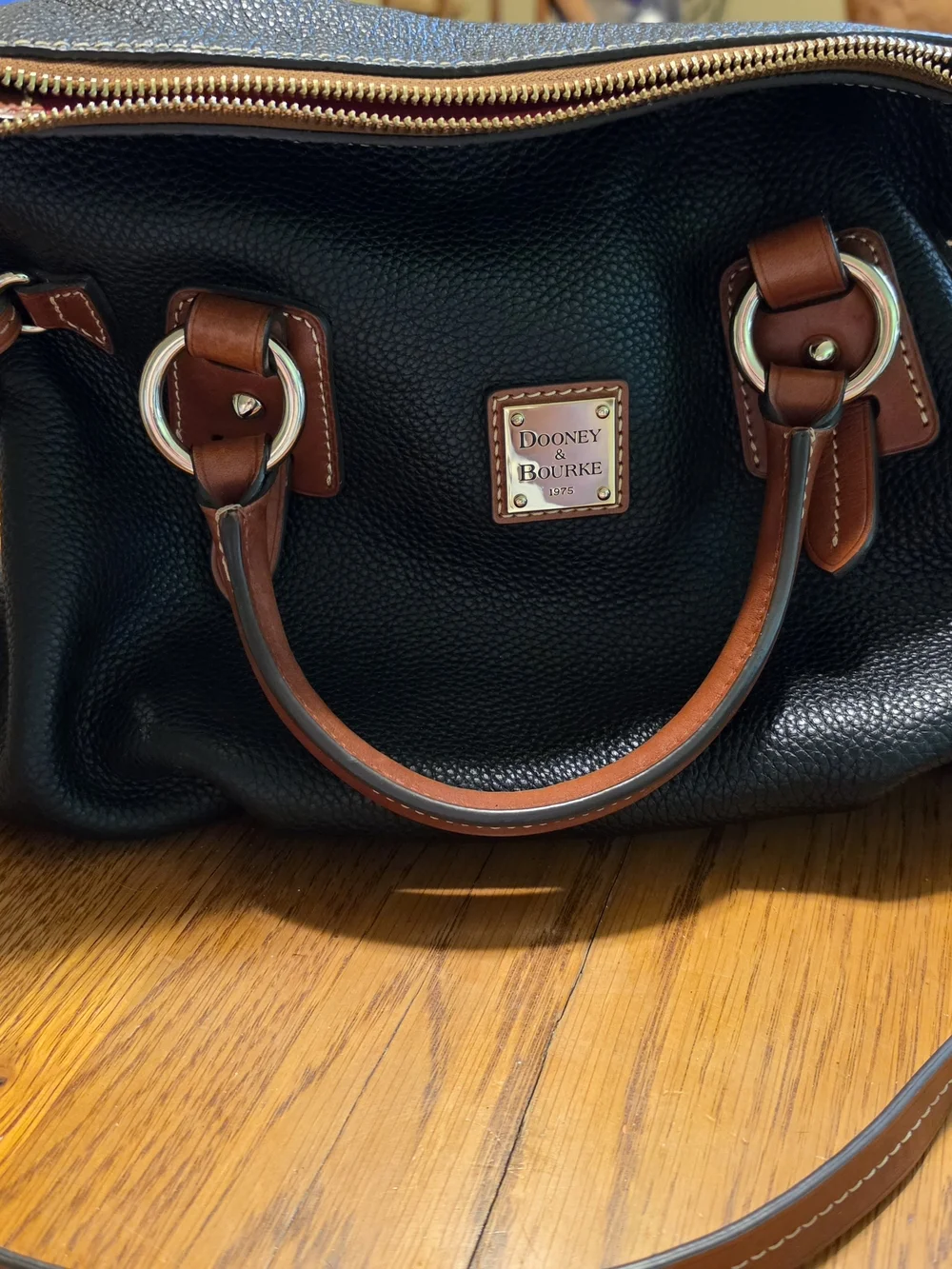 Dooney & Bourke Black Pebbled Leather Stanwhich Satchel with Brown Trim